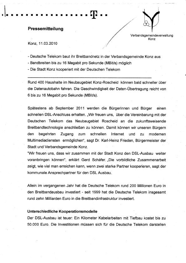 Pressemitteilung der Verbandsgemeinde Konz / Telekom